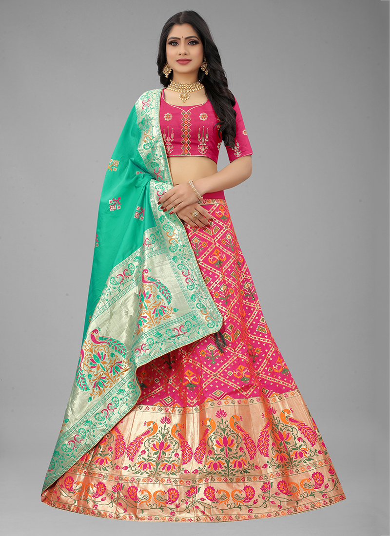 Anchor Grey & Pink Banarasi Silk Lehenga Choli with Khatli work Embroi –  Ethnos