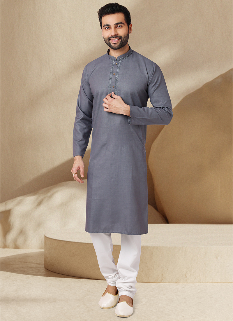 Buy Traditional Wear Grey Machin Work Cotton Kurta Pajama Online From ...