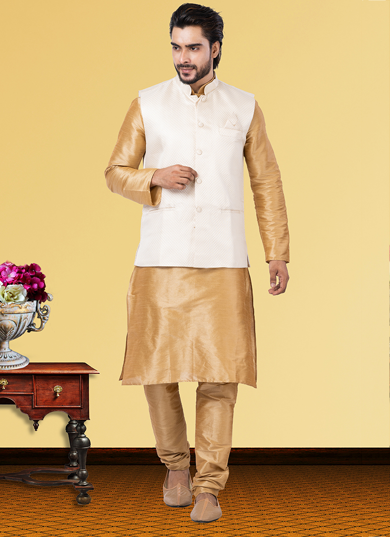 Men'S Solid Dupion Kurta Pajama With Woven Jacqaurd Waistcoat main image 1