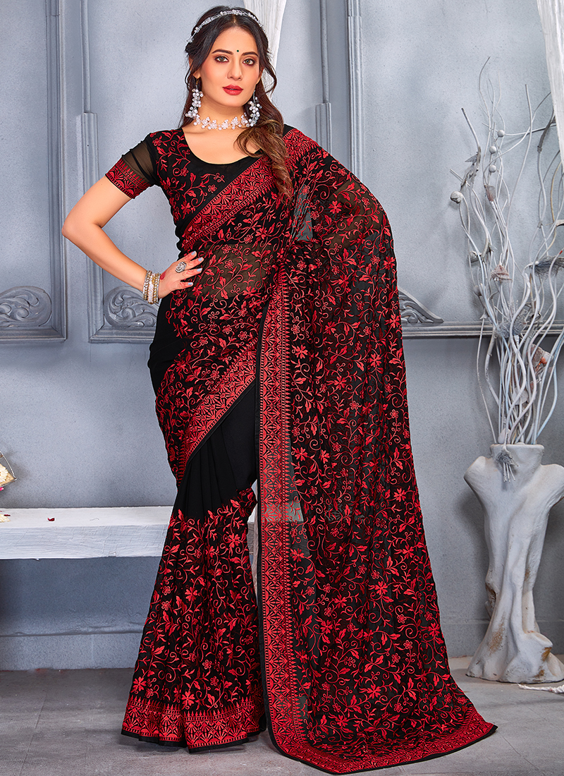 Red and black hot sale saree party wear