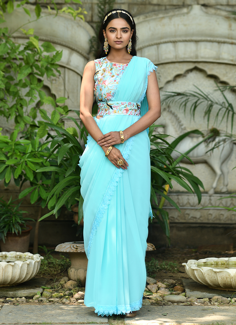 Buy Festival Wear Sky Blue Embroidered Work Georgette Ready To Wear ...