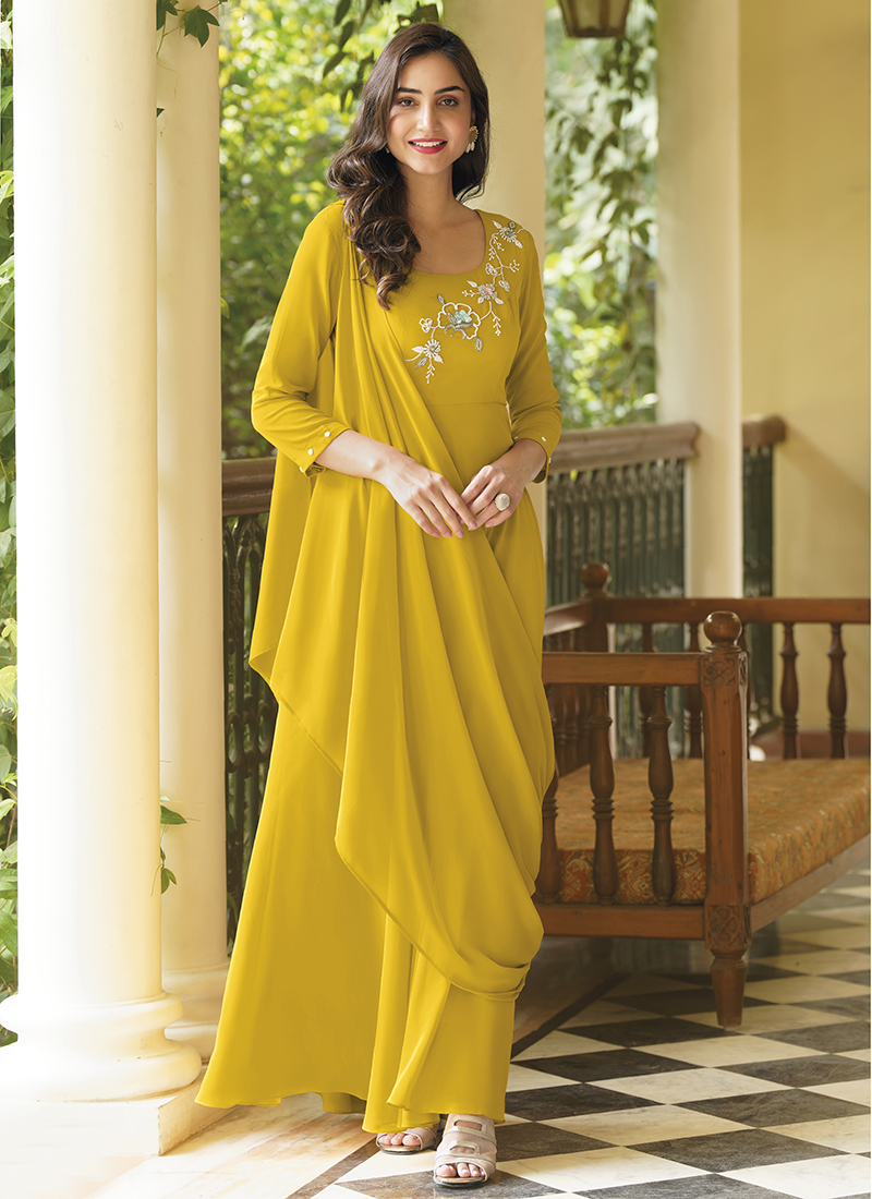 Georgette Embroidered Party Wear Look New Yellow Gown at Rs 1499 in Surat