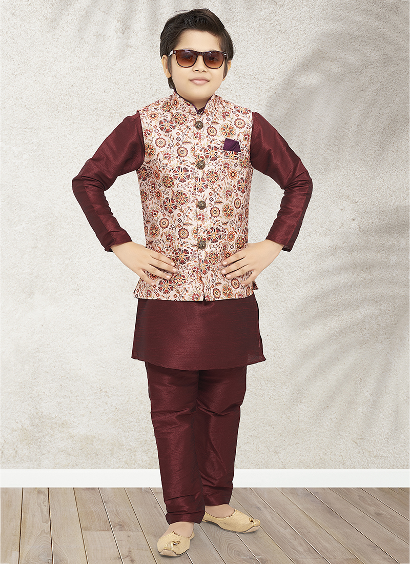 Buy Traditional Wear Cream Printed Art Banarasi Silk Kids Kurta Pajama With Jacket Online From Surat Wholesale Shop