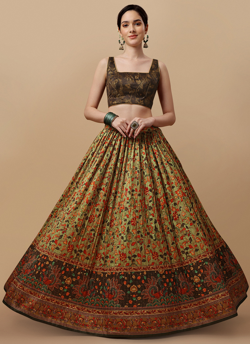 Buy Party Wear Green Digital Printed Paithani Silk Lehenga Choli ...