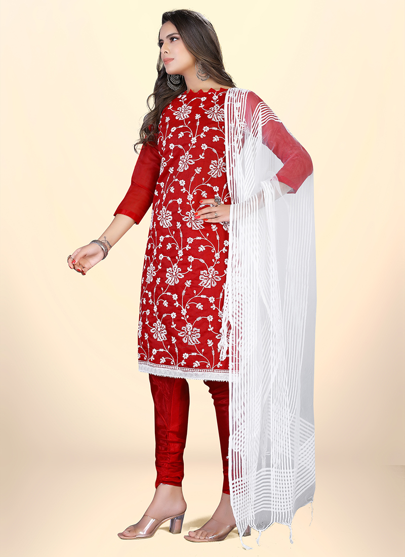 Buy Casual Wear Red Embroidered Work Chanderi Cotton Salwar ...