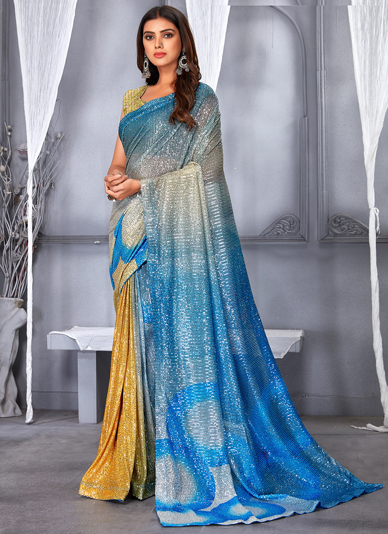 Georgette Wedding Readymade Saree in Blue with Sequence work