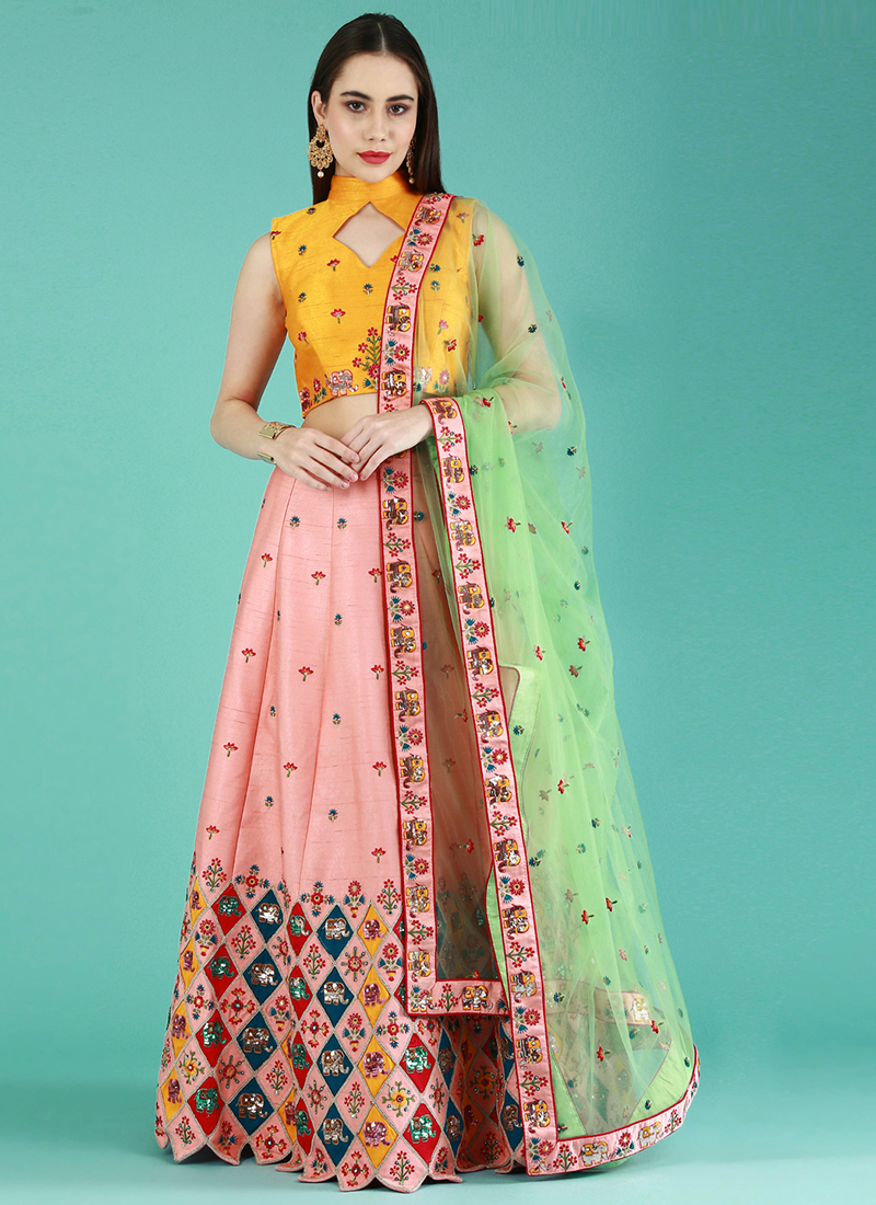 Patch Border Art Silk Lehenga Choli in Yellow