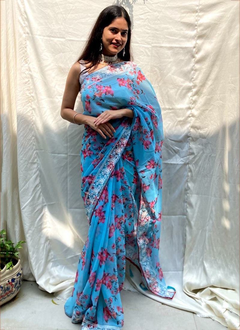 Ready To Wear Pure Chiffon Silk Saree With Stitched Blouse – Fashion Flux