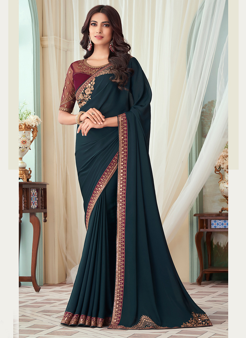 Buy Navy Blue Zari Weaving Silk Saree Online At Zeel Clothing