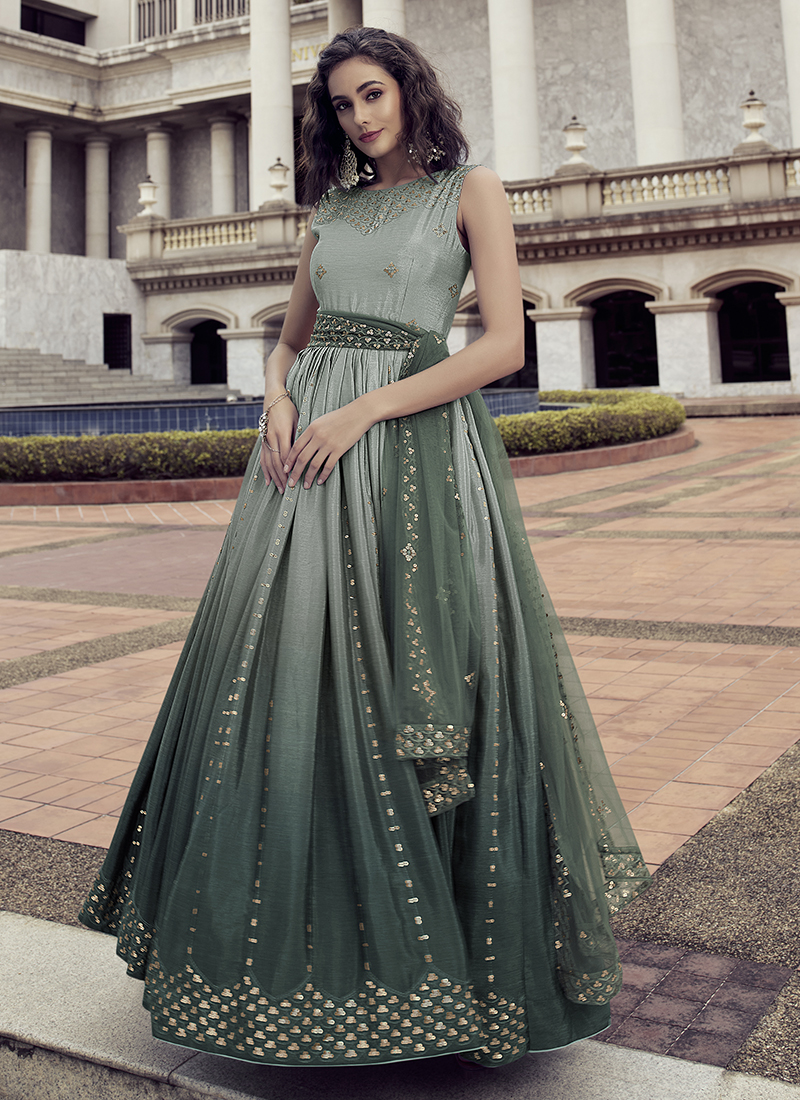 Buy Green Cotton Embroidered Party Wear Flare Gown With Koti Online
