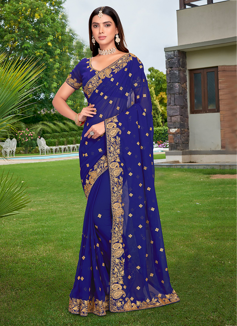 Pure Georgette Saree With Embroidery Pearl Work With Embroidery Blouse for  Indian USA Weeding Women Party Wear Saree Royal Blue Saree -  Canada