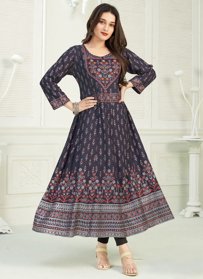 Casual Wear Grey Foil Printed Work Rayon Gown
