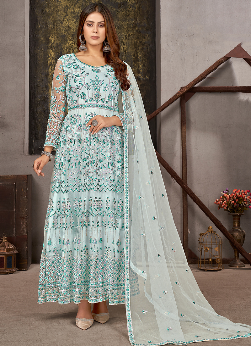 firozi net embroidered long anarkali suit 4598 | Anarkali suit, Anarkali  dress, Designer anarkali