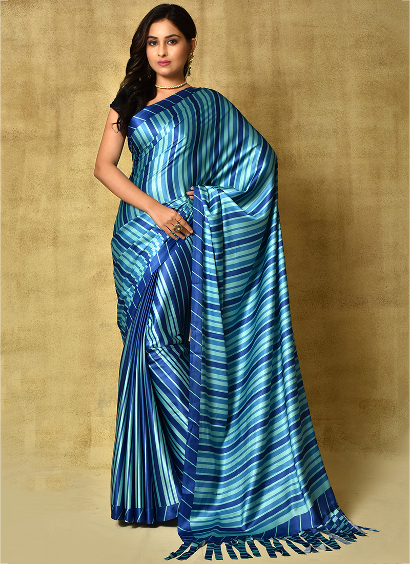 Royal Blue Satin Saree Set – Estie Couture