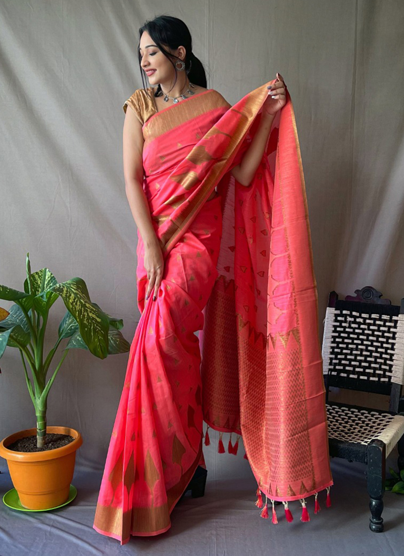 Wine Coloured Soft Silk Cotton Slub Saree with Gold Zari weaving