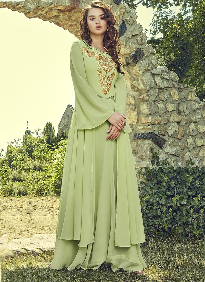 Pista Green Floral Embroidered Net Anarkali Style Gown