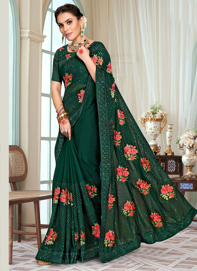 Buy Dark Green Thread Embroidered Vichitra saree At Ethnic Plus