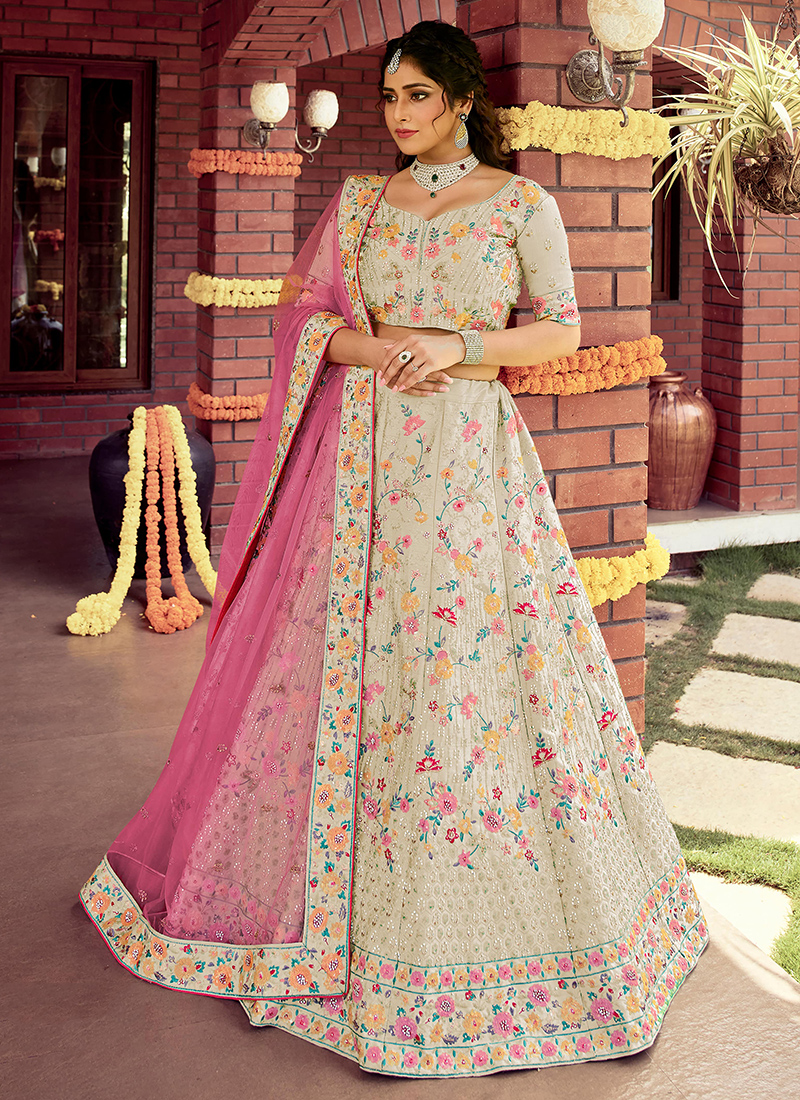 Precise Beige Raw Silk Lehenga Choli at Rs.55996/1 in surat offer by Amrut  The Fashion Icon