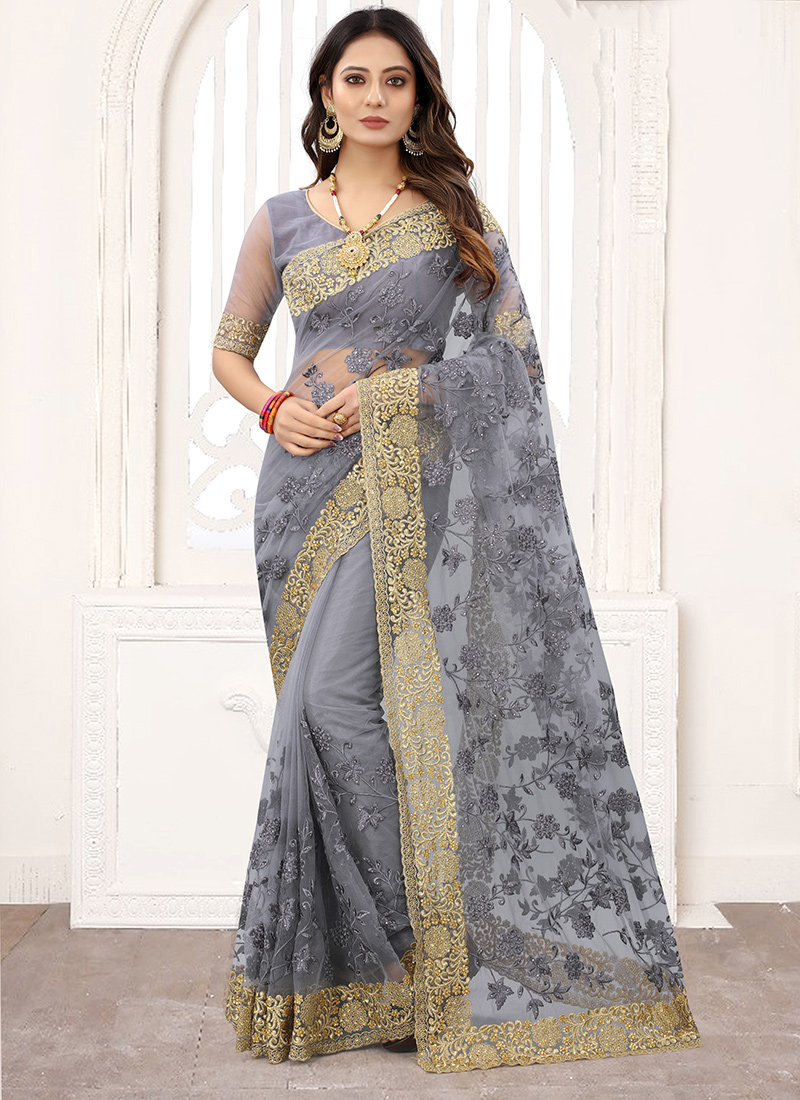 Buy Grey Fully Sequined Chinon Party Wear Saree At ethnic Plus