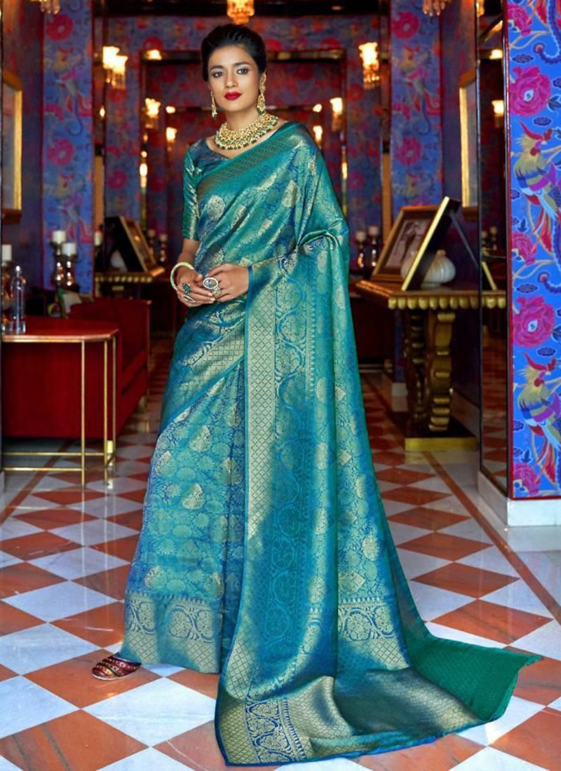 Online Wedding Wear Zari Embroidered Soft Silk Royal Blue Saree|SARV136086