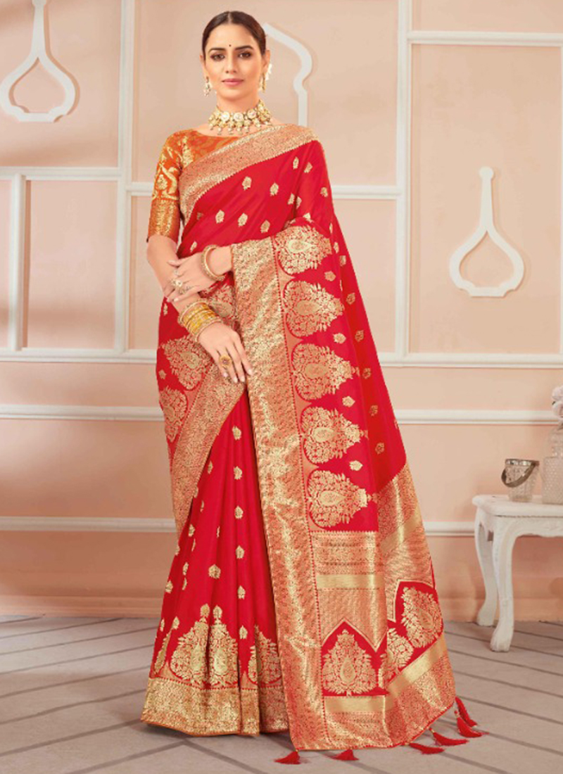 SOFT BANARASI SILK GREEN WITH RED COMBINATION Banarasi Sarees - Laxmi  Fashions - 3654023