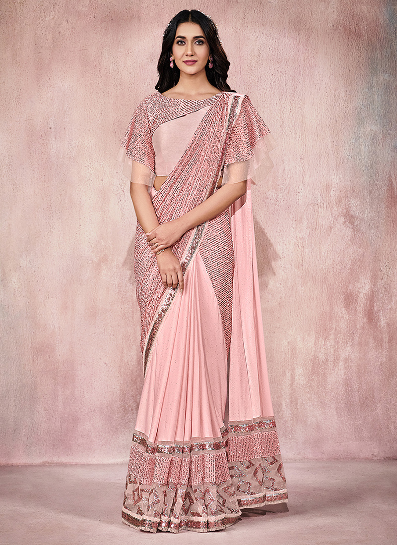 Buy Party Wear Pink Embroidery Work Lycra Saree Online From Surat Wholesale  Shop.