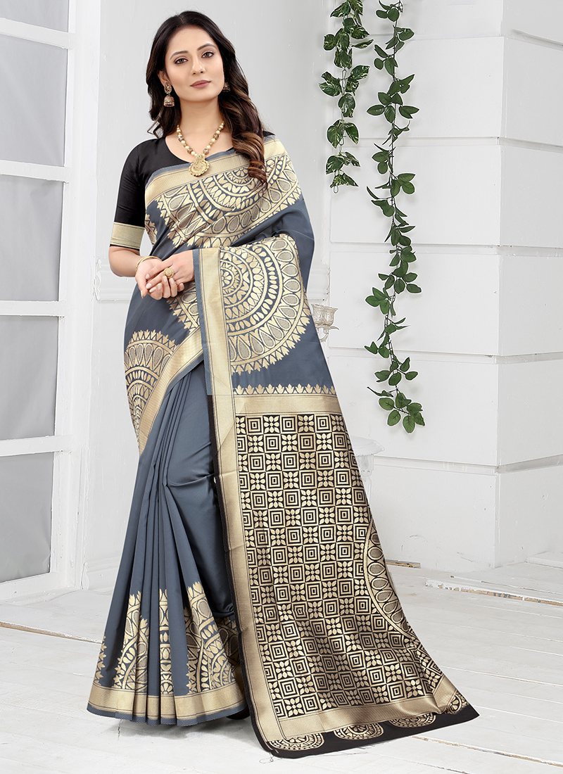 Ma - Pure kanjivaram silk saree grey and black with zari woven buttas –  Prashanti Sarees