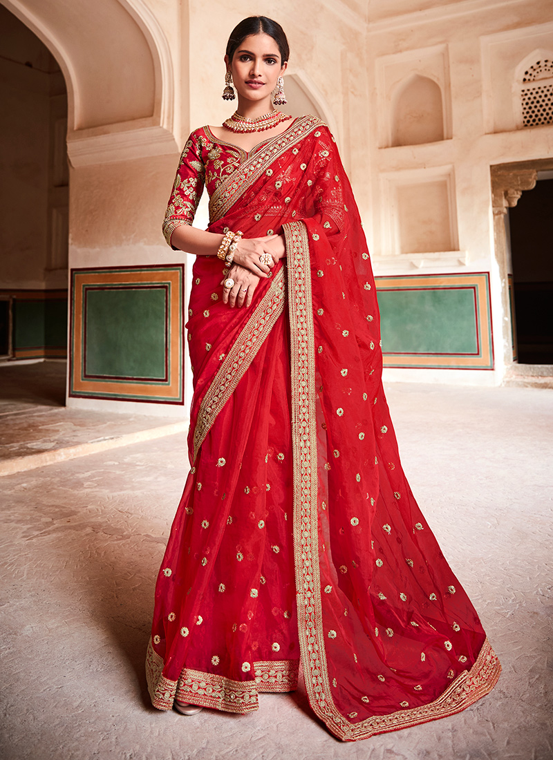 Buy Dark Red Vichitra Silk Saree with Heavy Zari Work Online - SREV2142 |  Appelle Fashion