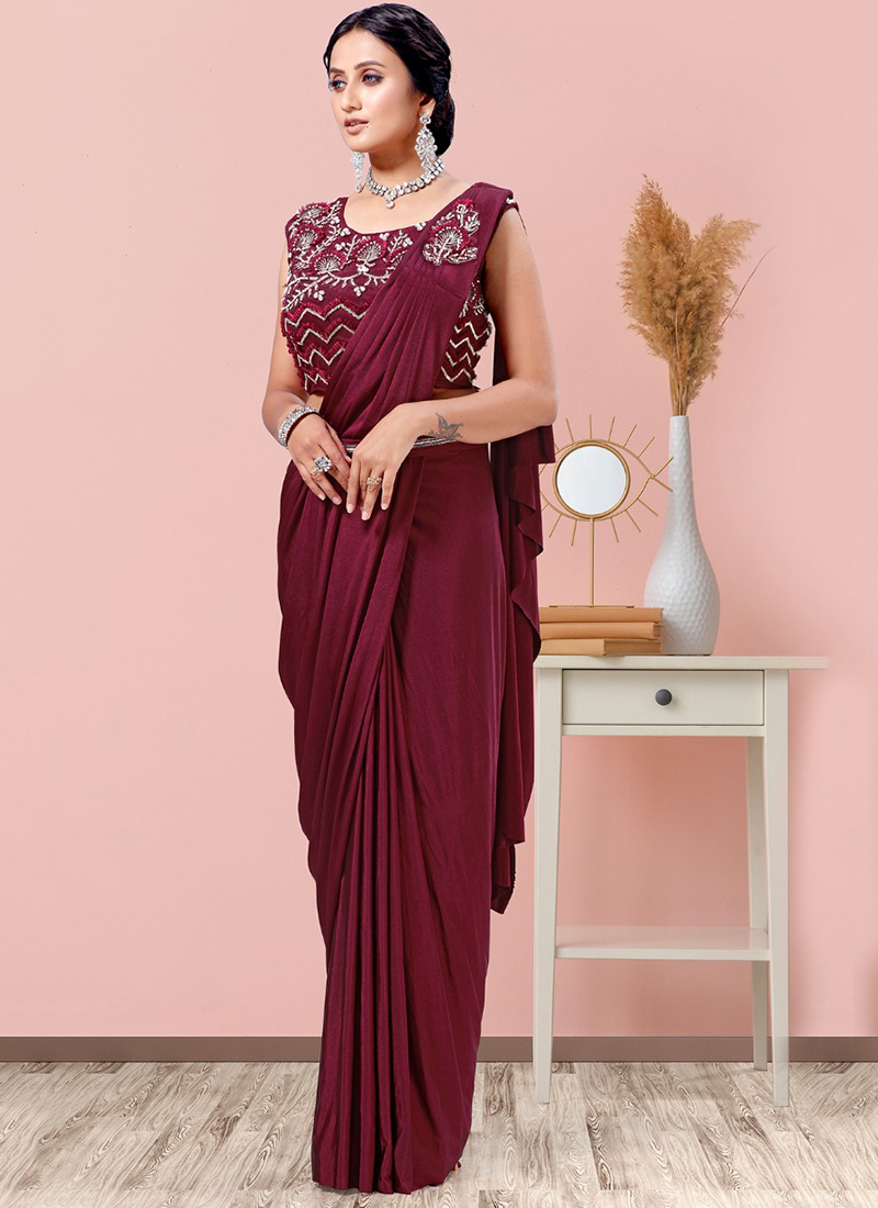 Radiant Party Wear Wine Satin Silk Base Designer Saree With Fancy Heavy  Blouse And Belt