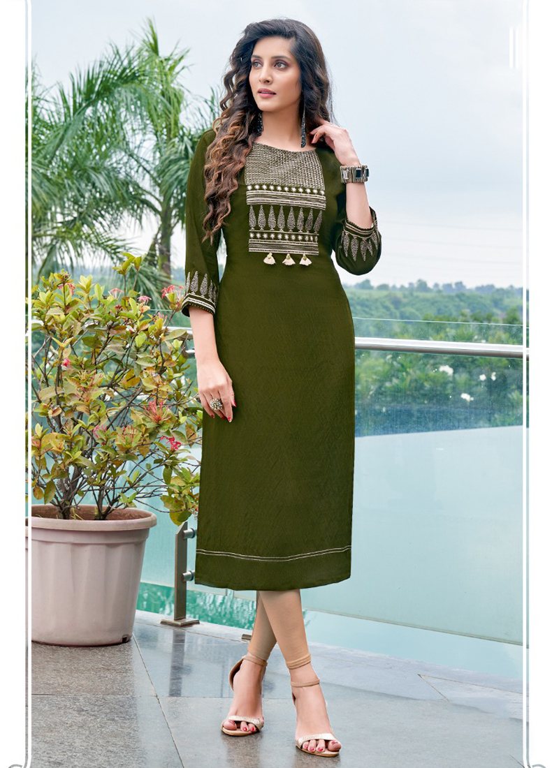 26-12-Georgette Hand Worked Slitted Kurti-Olive Green-26-12-017 – Colours  Trendz