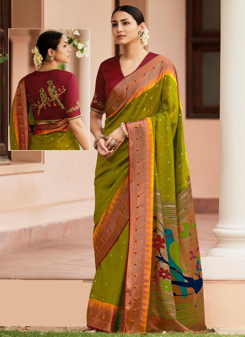 Buy Olive Sarees for Women by Indie Picks Online | Ajio.com