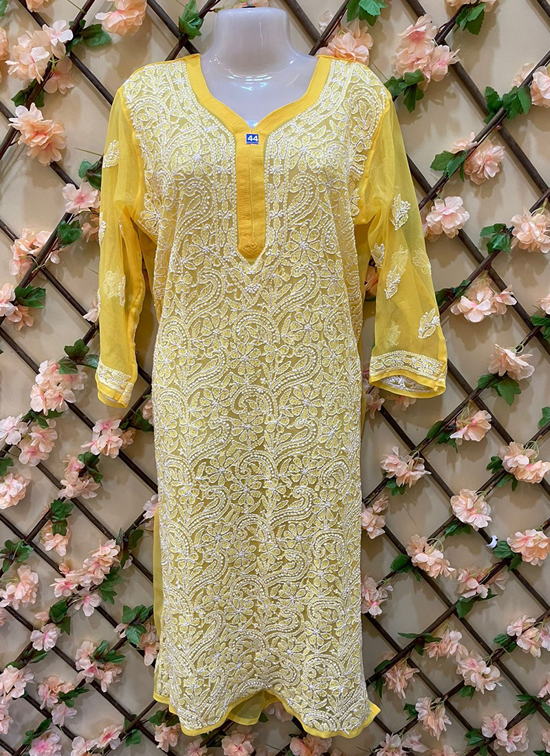 ADA Kurtis  Buy ADA Hand Embroidered Floral Lucknowi Chikankari Peach Georgette  Kurti With Slip Set of 2 Online  Nykaa Fashion
