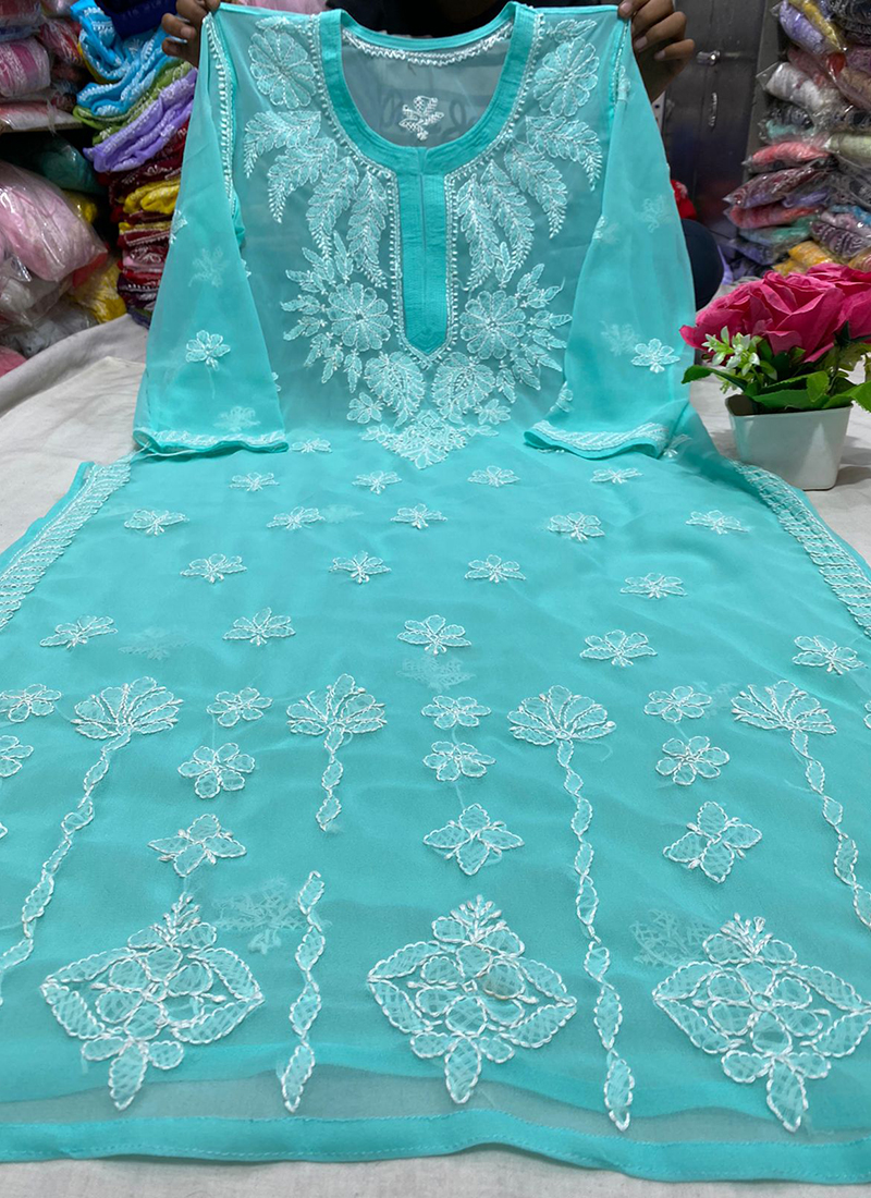 Lucknow Chikankari FREE INNER Georgette Tunic Chikan Long Kurti White Full  Embroidery Handwork Kurta Salwar Kameez Sharara Set Handcrafted - Etsy  Norway