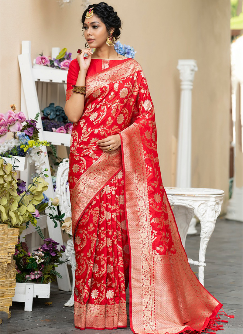 Kashi' Red Pure Katan Silk Banarasi Handloom Saree - Tilfi