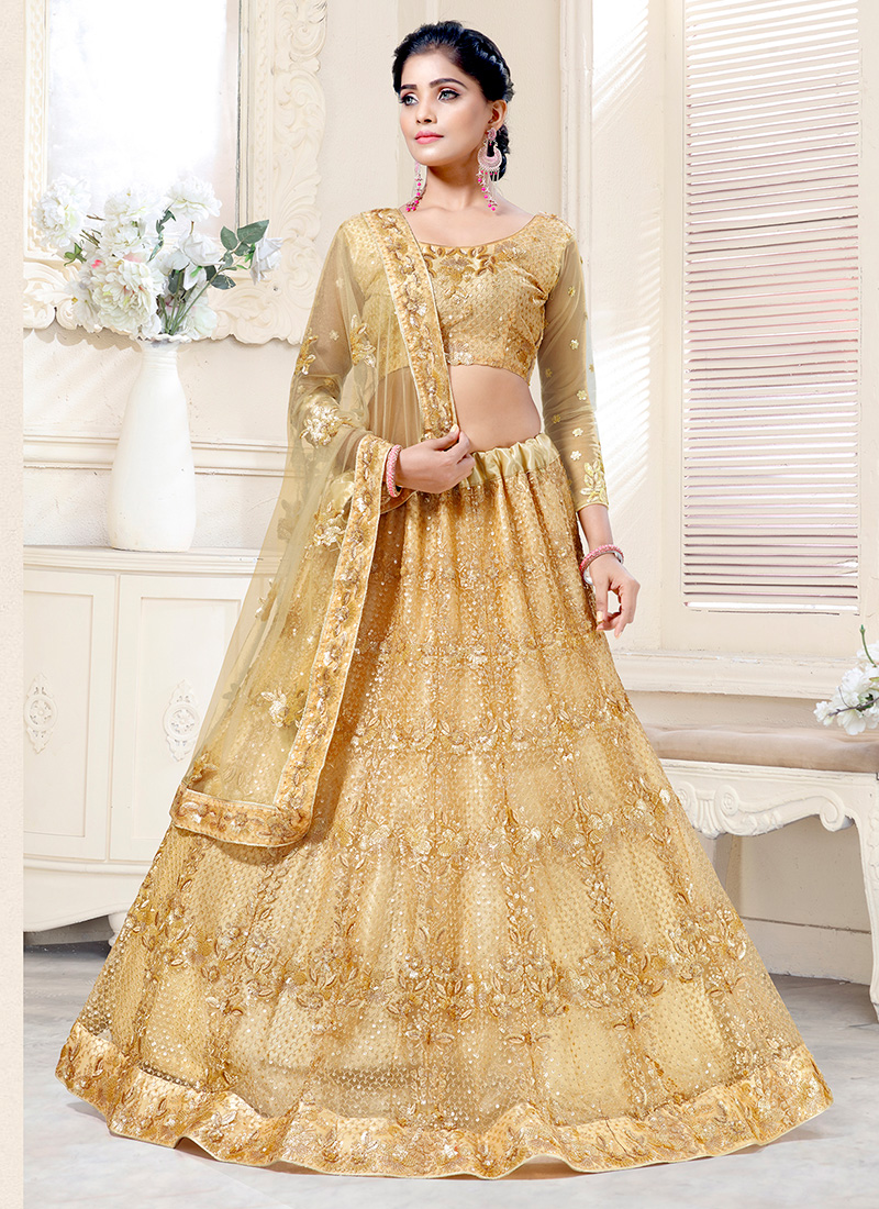 Buy Gold Tulle Embroidered Sequins High Neck Floral Bridal Lehenga Set For  Women by Nitika Gujral Online at Aza Fashions.