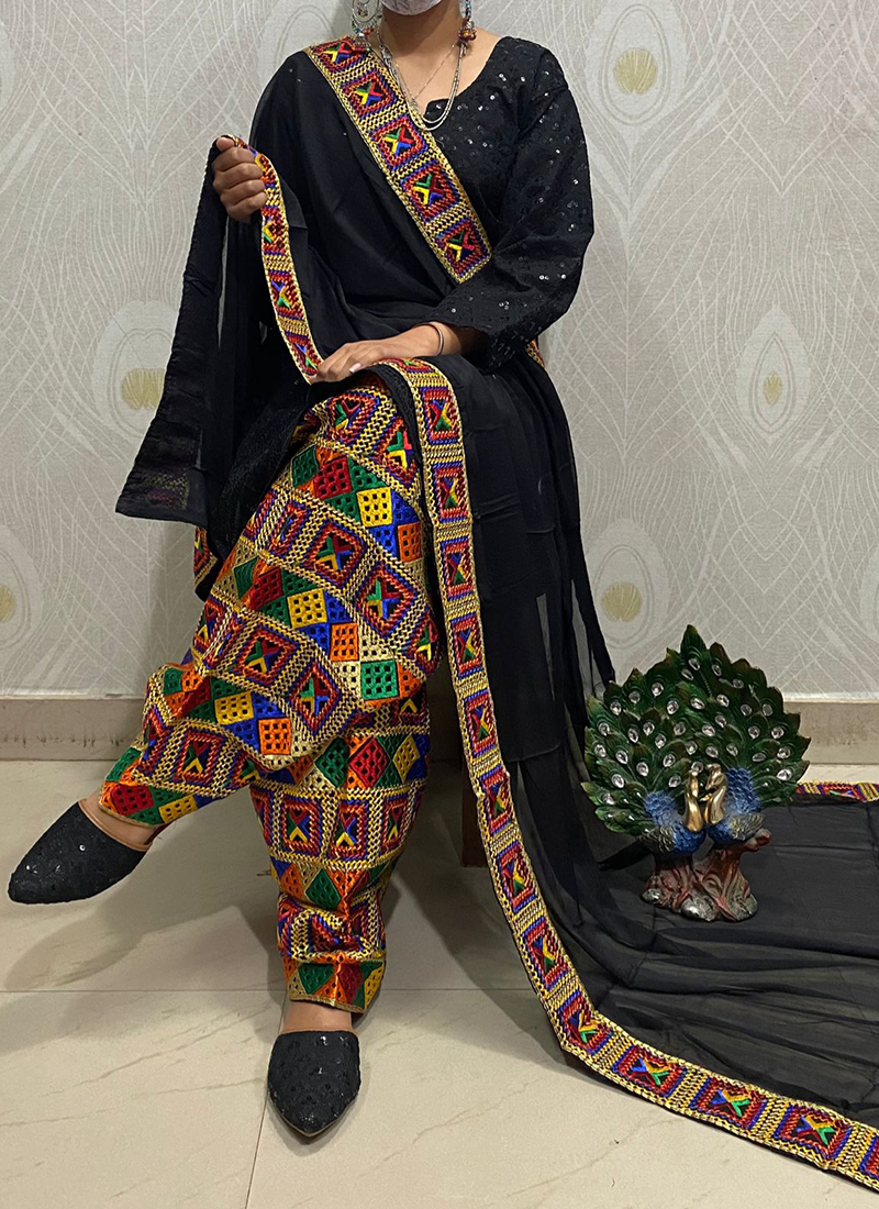 Punjabi patiala suit Embroidered Kurti With salwar Phulkari Dupatta Kurta  Palazo | eBay