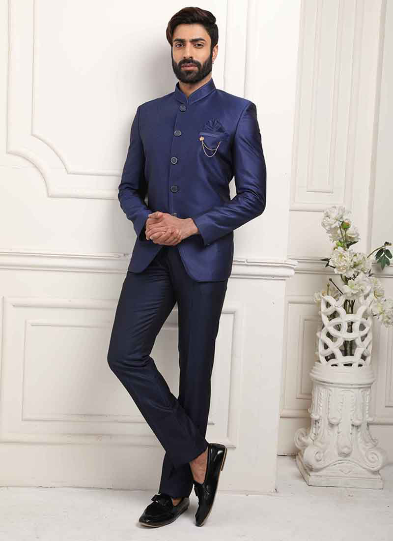 Buy Wedding Wear Navy Blue Fancy Work Suiting Jodhpuri Suit Online From ...