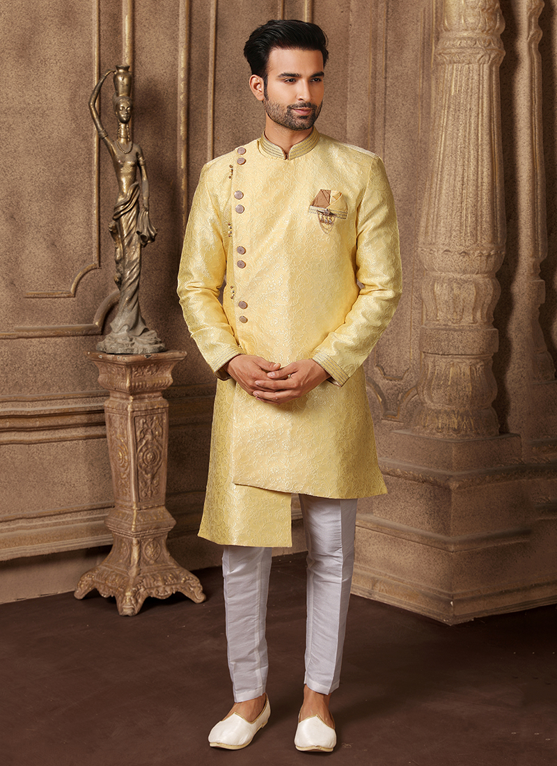 Khadi IndoWestern Dress in Yellow with Border work | Designer clothes for  men, Man dress design, Indian men fashion