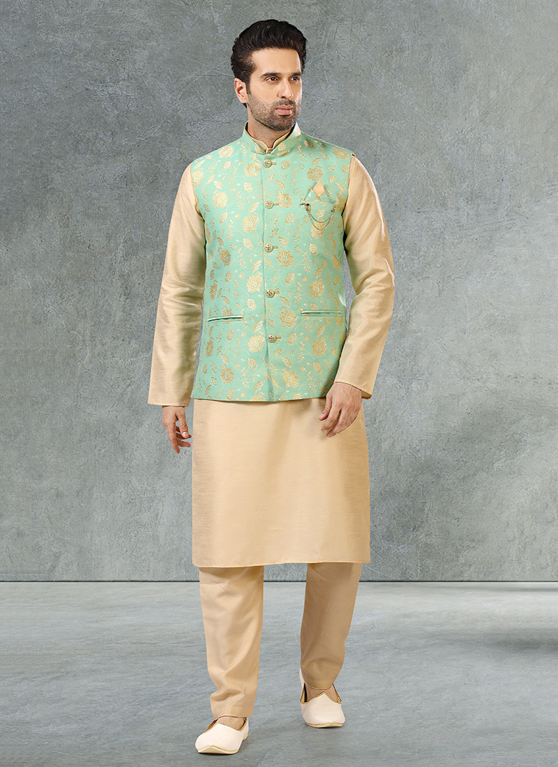 Pista Green Kurta Pajama with Nehru Jacket - My Ethnic Rentals