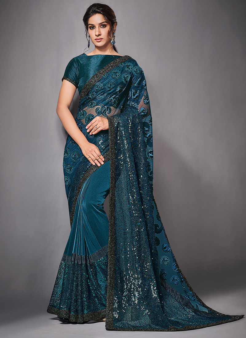 Buy Wedding Wear Turquoise Blue Sequins Work Lycra Net Saree Online ...