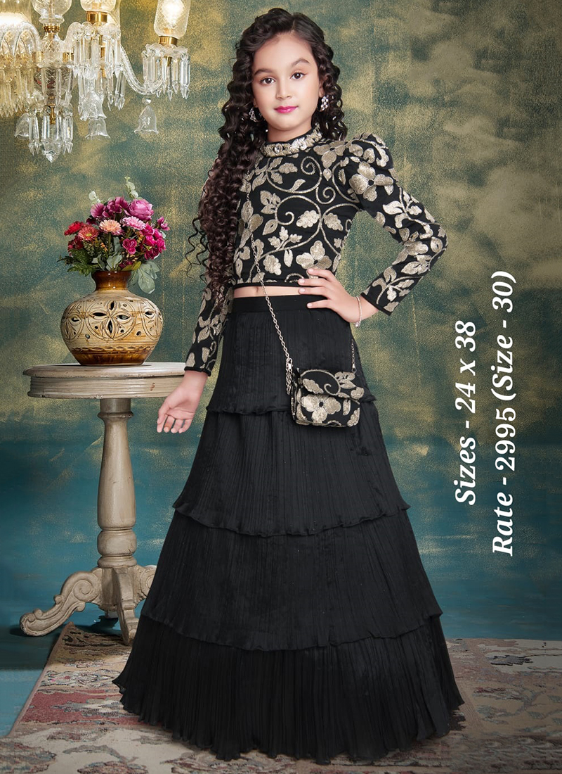 Buy Party Wear Black Embroidery Work Slub Cotton Top With Skirt Online From  Surat Wholesale Shop