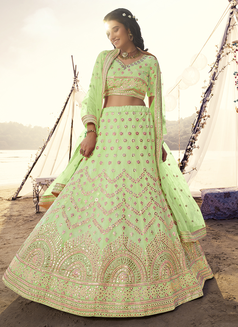 Georgette Fabric Sea green Color embroidered Lehenga and Choli with thread  & Zircon work with net fabric Dupatta