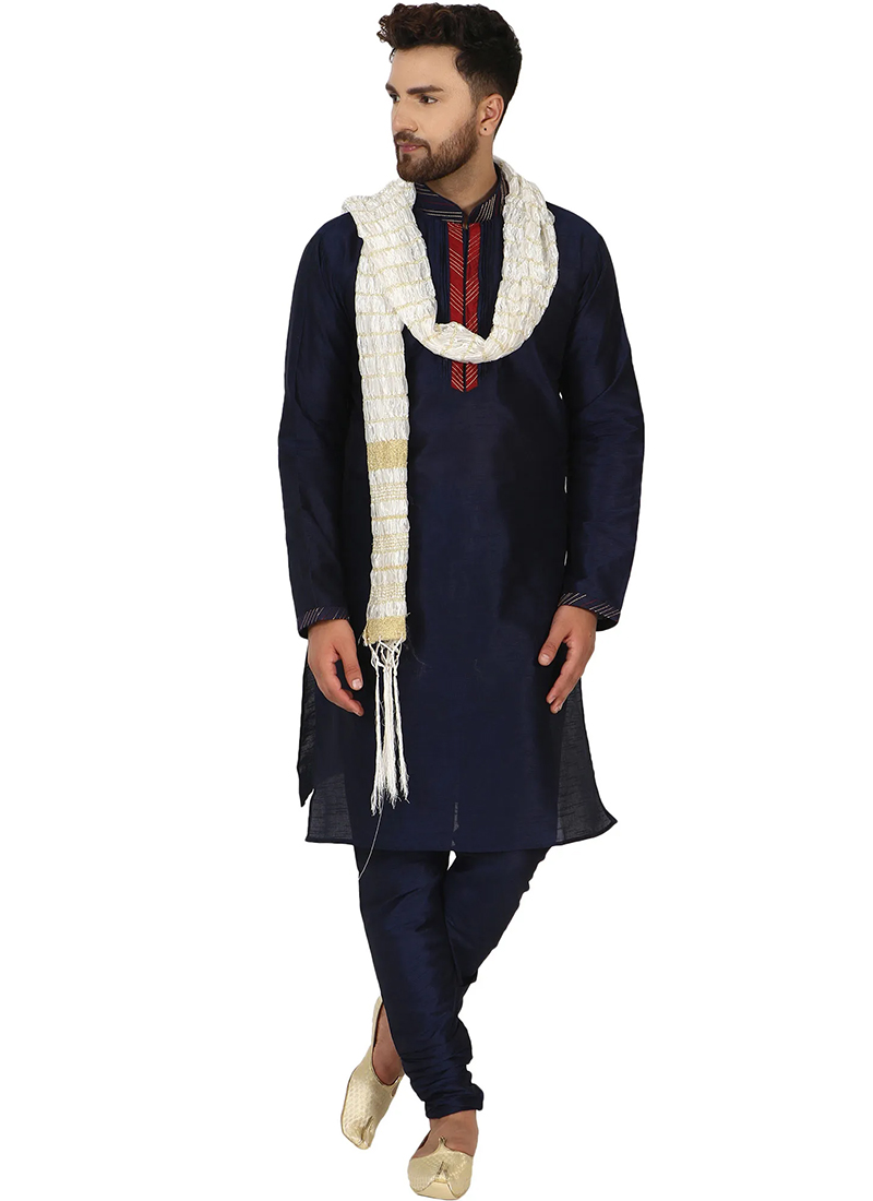 Traditional Wear Navy Blue Weaving Work Dhupion Silk Kurta Pajama