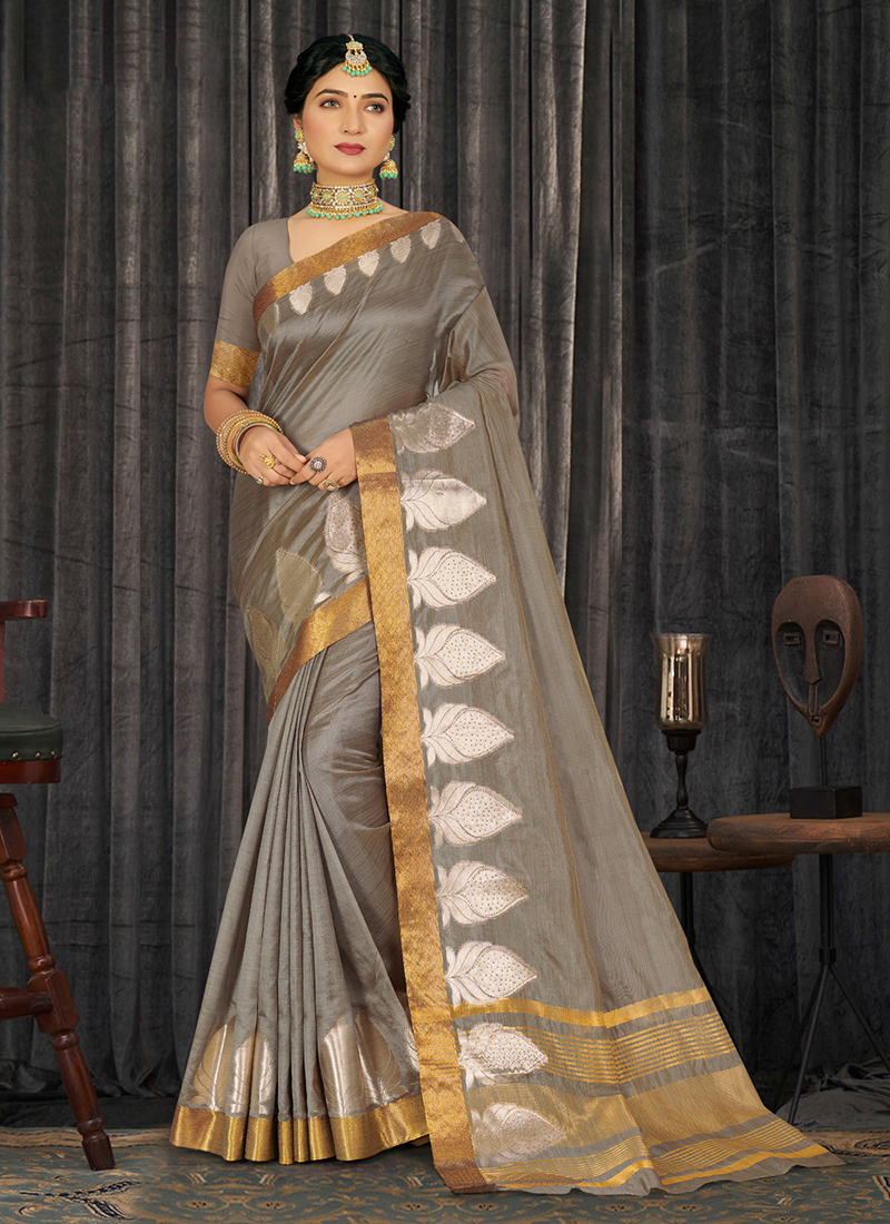 Black Grey Organic Linen Saree With Pompom & Black Border | Cotton saree  designs, Saree blouse styles, Saree designs