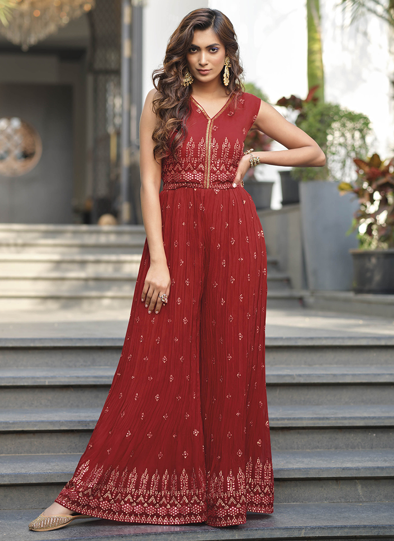Exotic Red Color Heavy Malia Satin And Embroidery Work Jump Suit