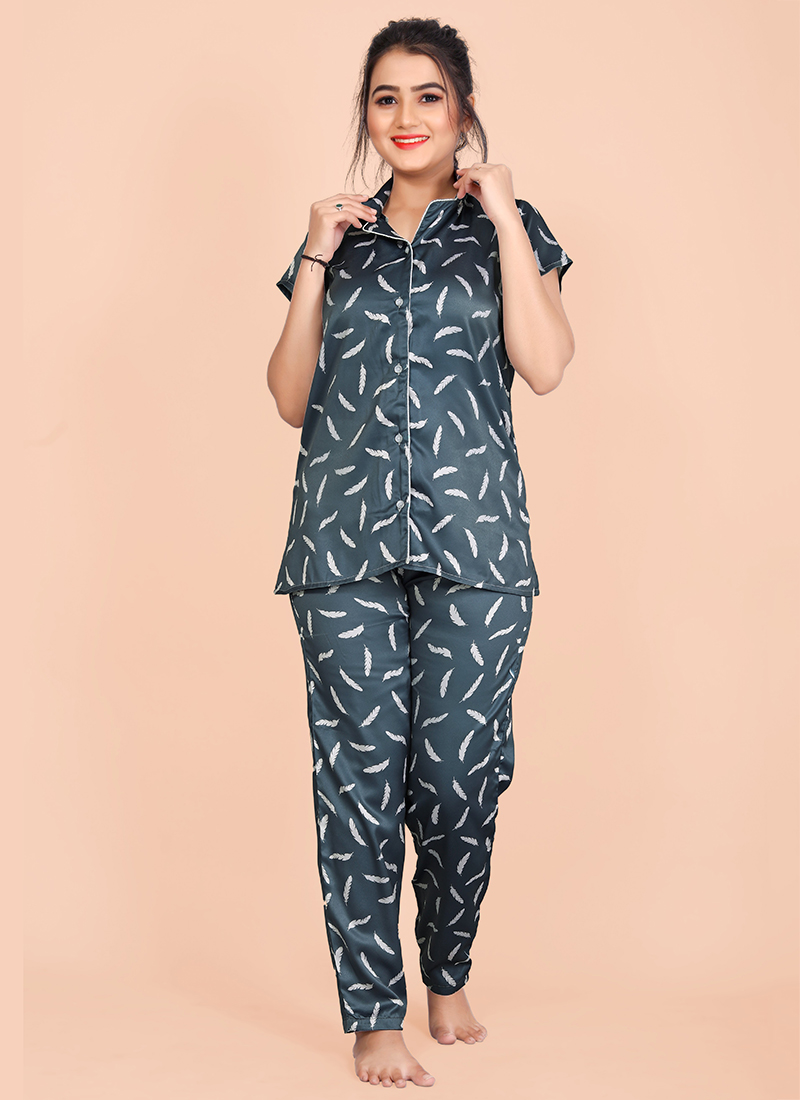 Buy Night Wear Blue Printed Work Cotton Satin Night Suit Online From Surat  Wholesale Shop.