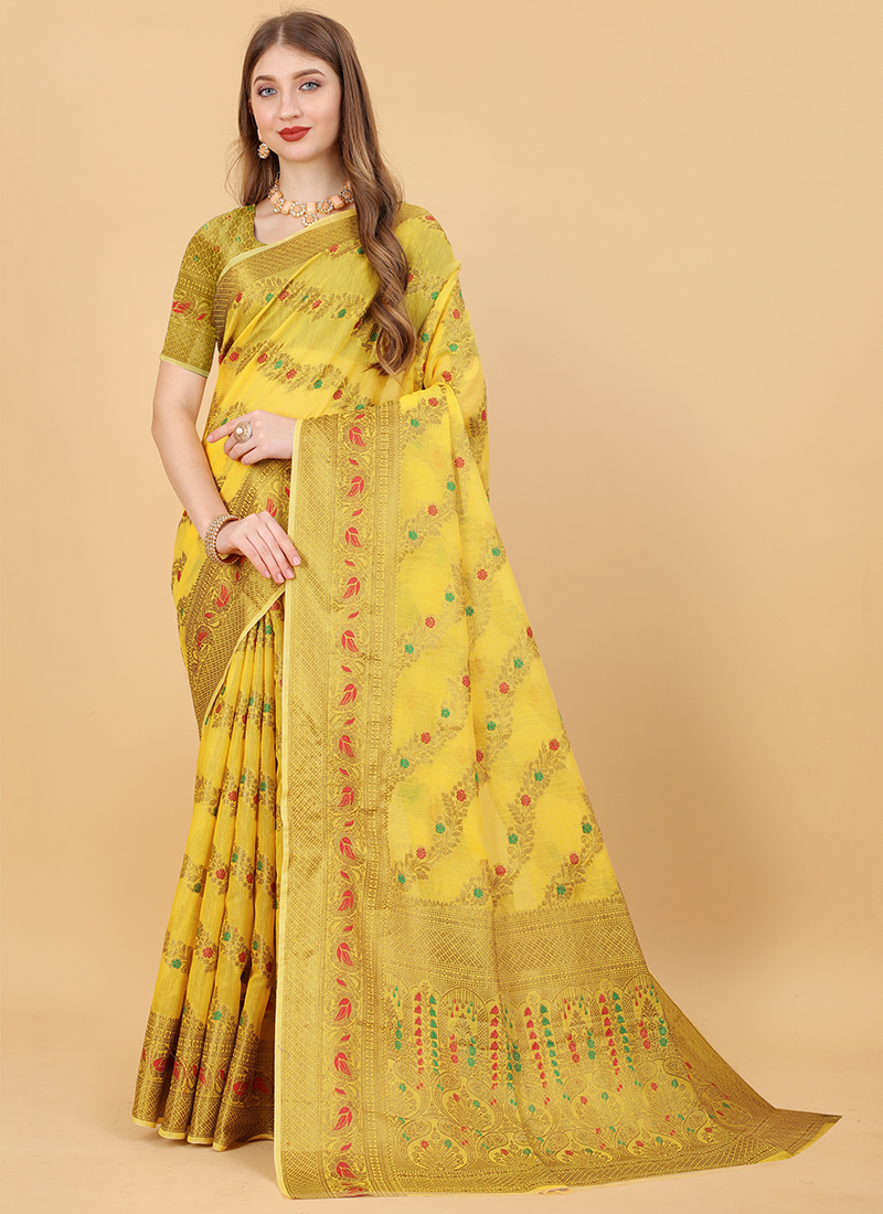 Buy Meena Prints Women's Cotton Saree(1114_Gold_FreeSize) at Amazon.in