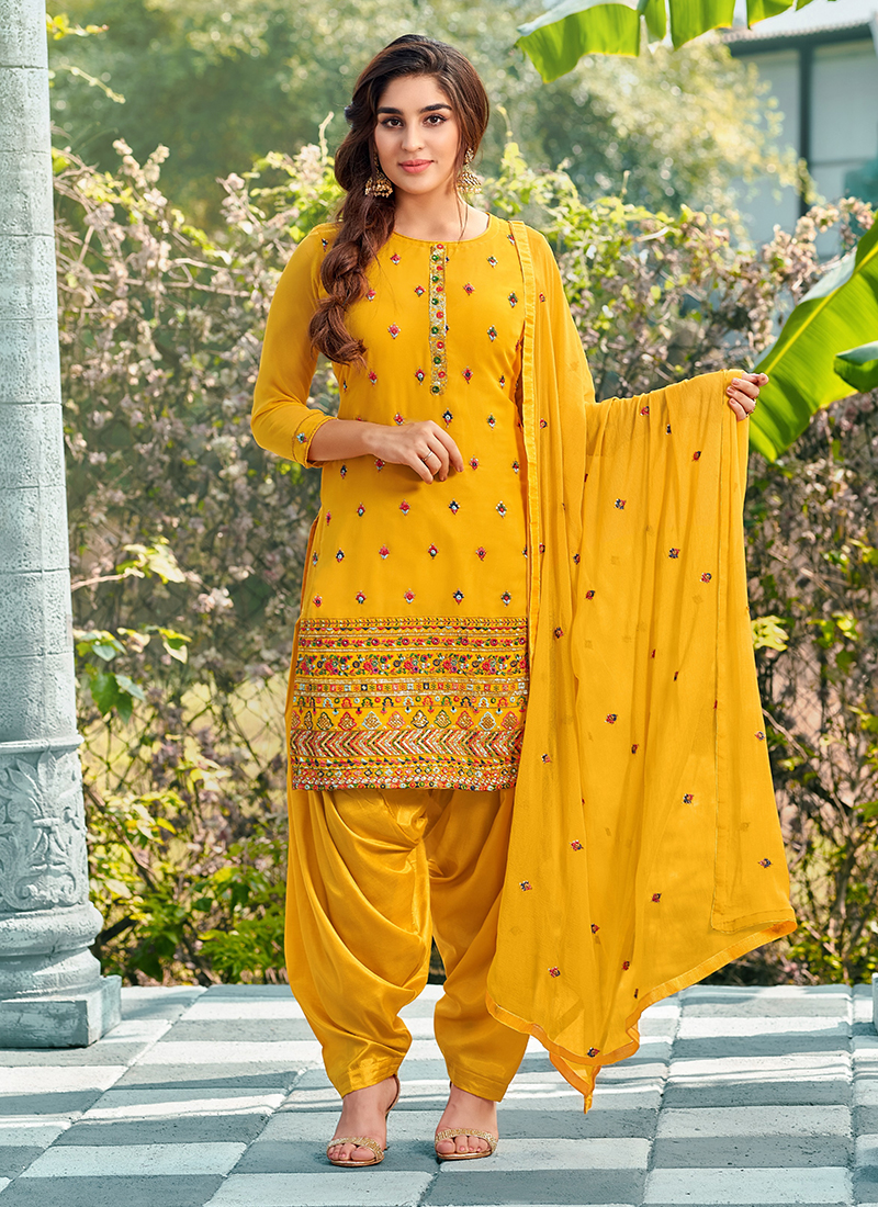 Buy Wedding Wear Yellow Mirror Work Faux Georgette Patiyala Suit ...