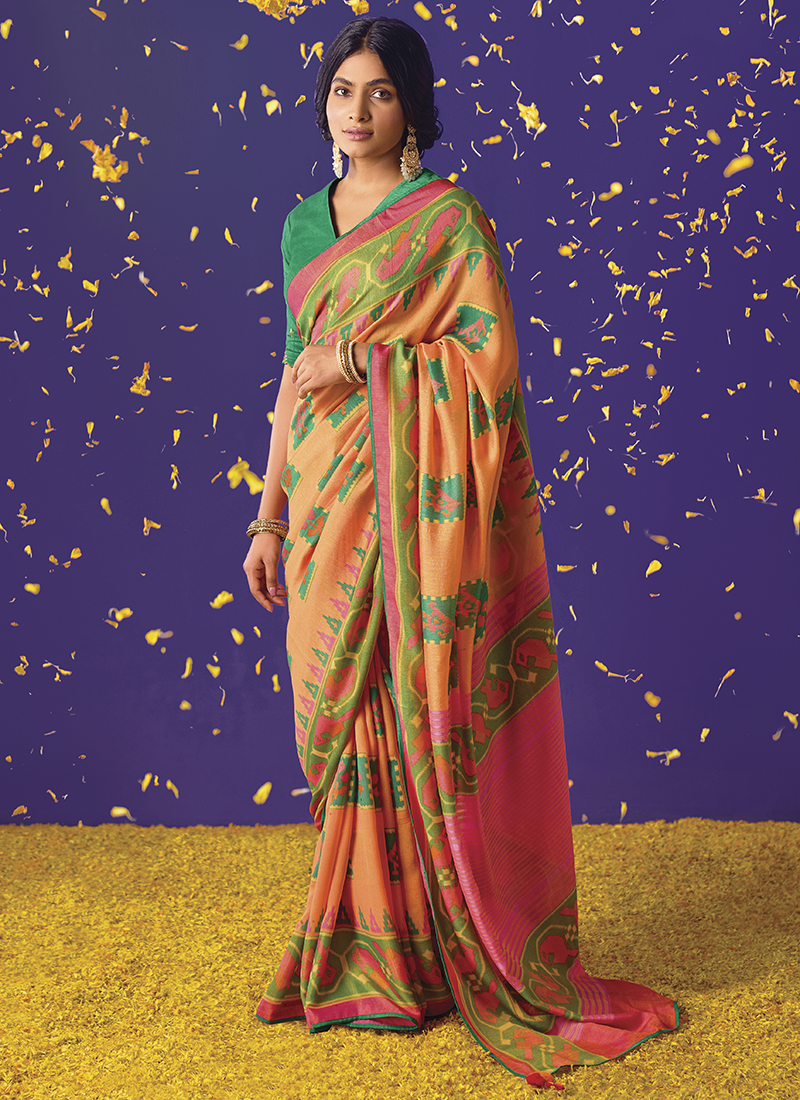 Women's Bollywood latest fashion, trendy Saree, Printed brasso saree with  blouse and Embroidered border, Full Diamond