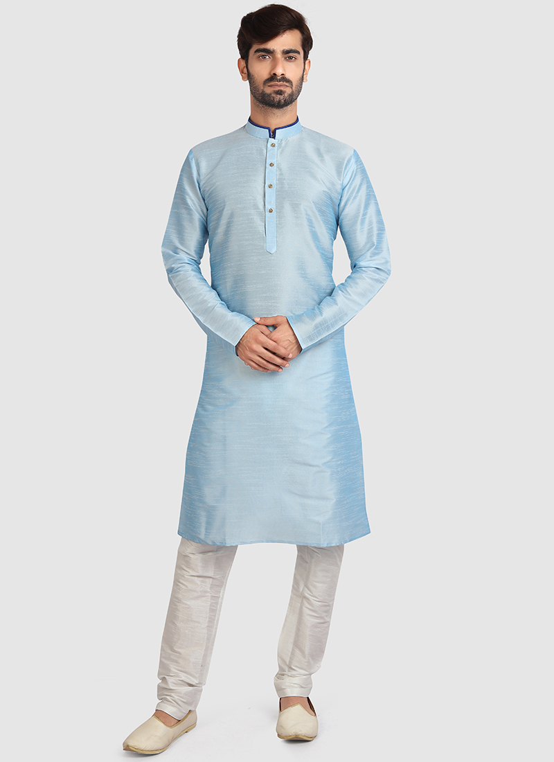 Buy Traditional Wear Sky blue Plain Art Silk Kurta Pajama Online